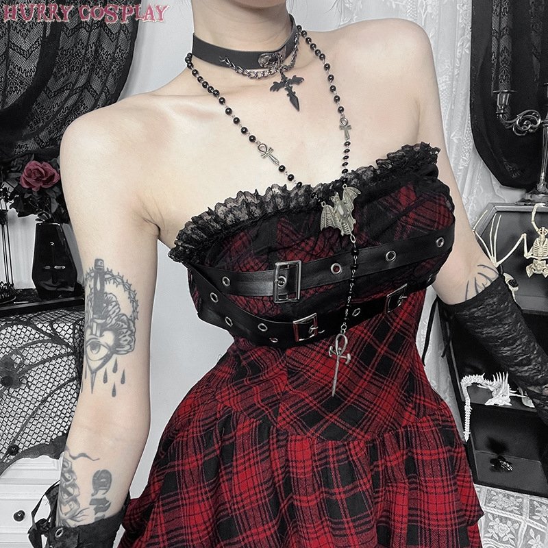 Halloween,Sexy,Halloween red plaid tube top sexy dress